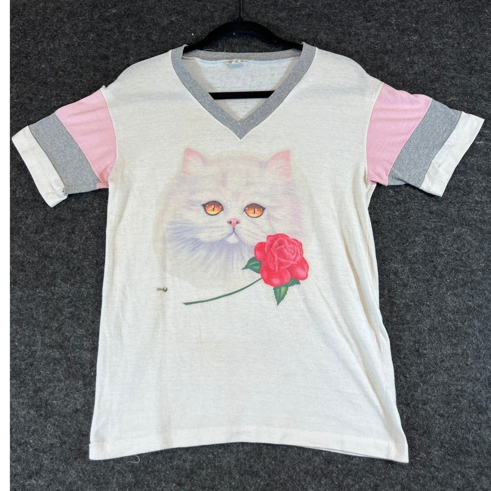 VTG 80s Cat Lover Rose T Shirt Womens Small White USA Graphic Art Tee Air Brush